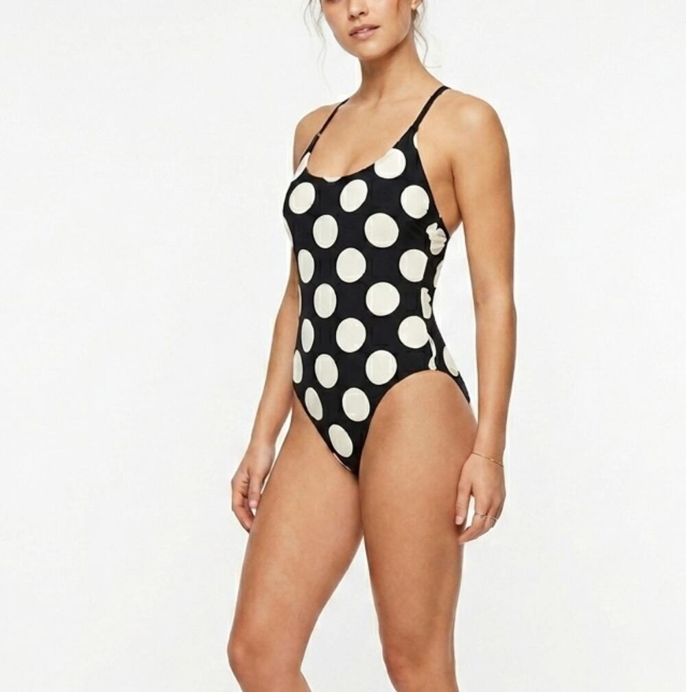 NWT Kate Spade Cream Black Circles Lace up One Piece Swimsuit 1-PC Beach Size S